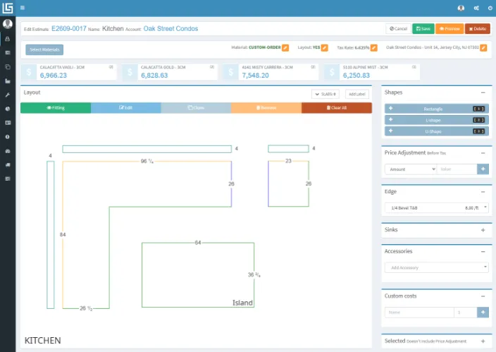Lapisoft estimate with price groups and the countertop layout drawing