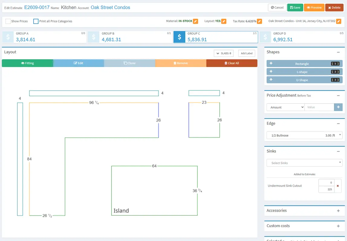 Lapisoft countertop estimating software with a drawing and priced estimate.