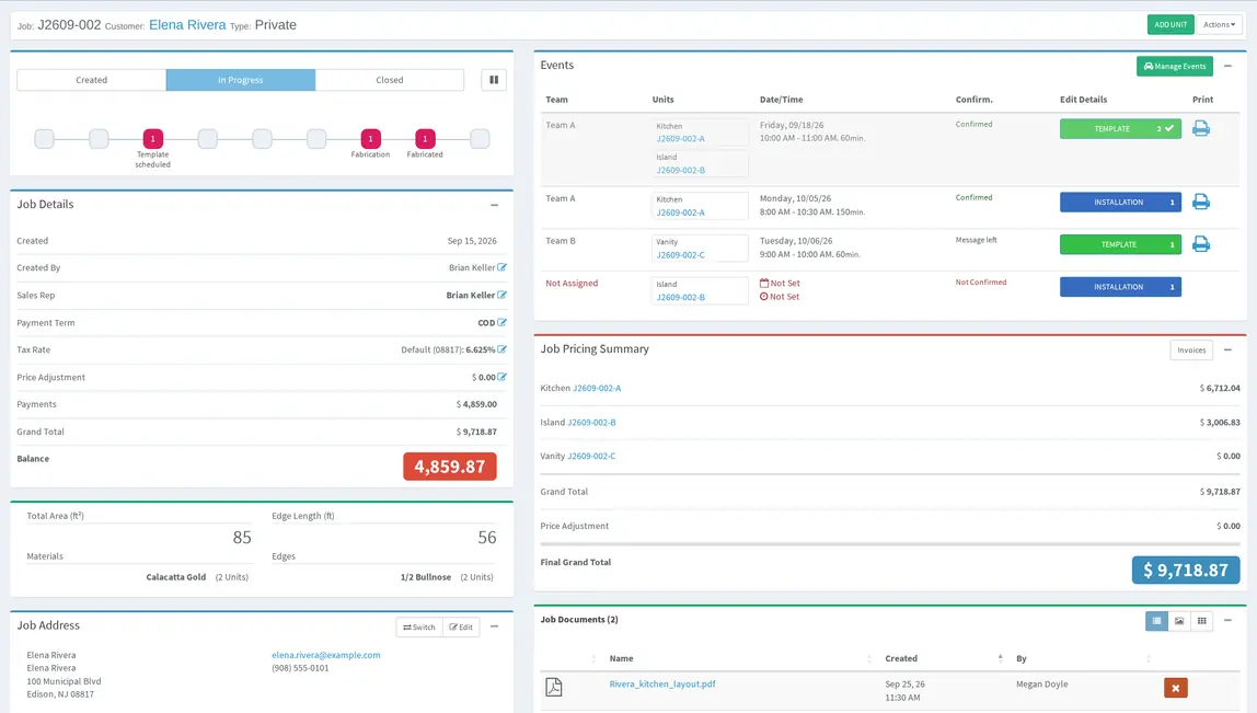 Lapisoft Job showing a connected countertop workflow from office to production.