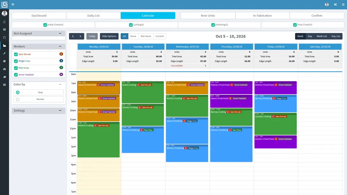 Lapisoft countertop production tracking software with fabrication work planned by day.