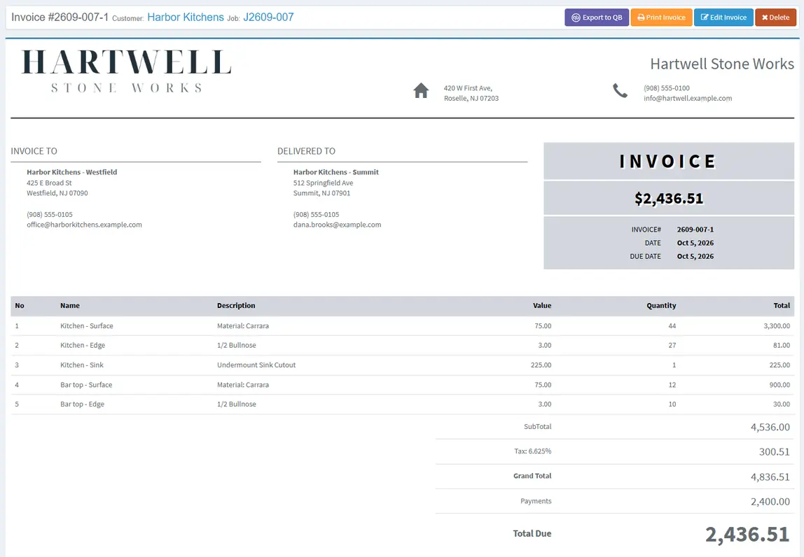Lapisoft invoice with the QuickBooks Online export action.