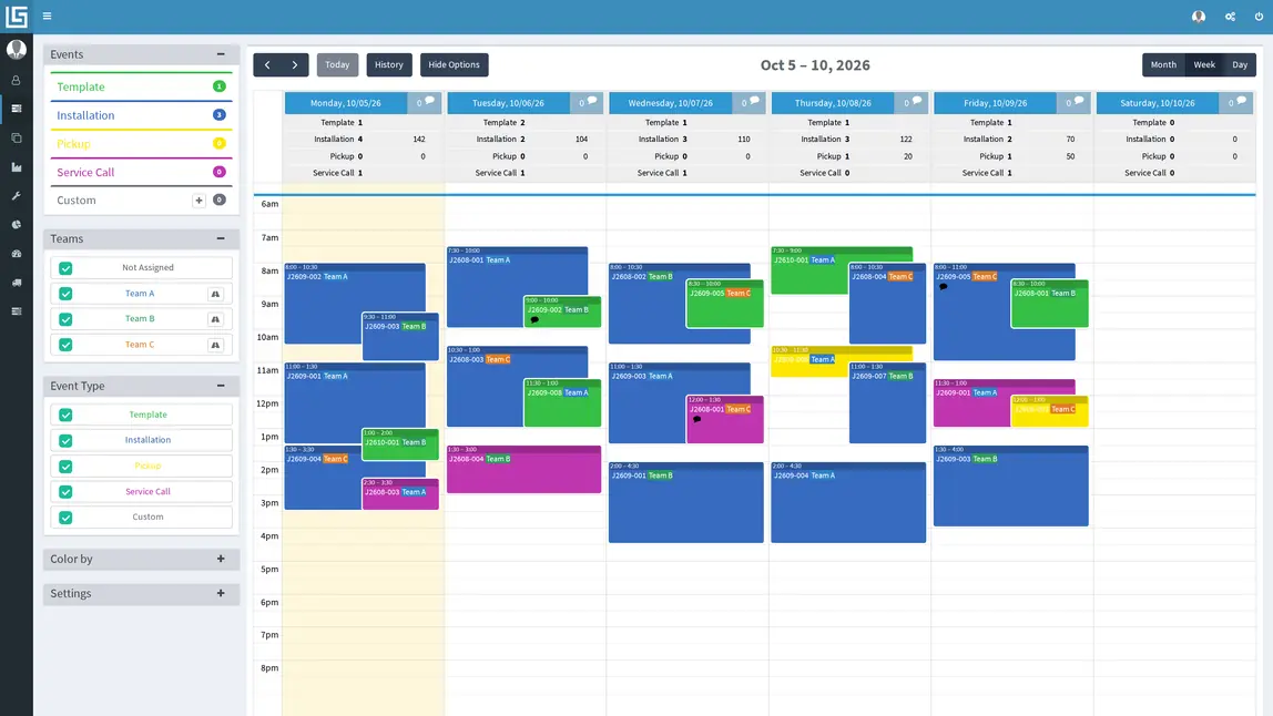 Lapisoft countertop scheduling software with field teams and scheduled events.