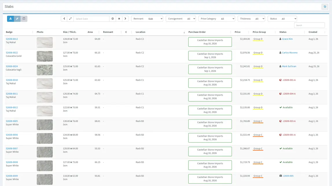 Lapisoft slab inventory software showing slabs and yard statuses.